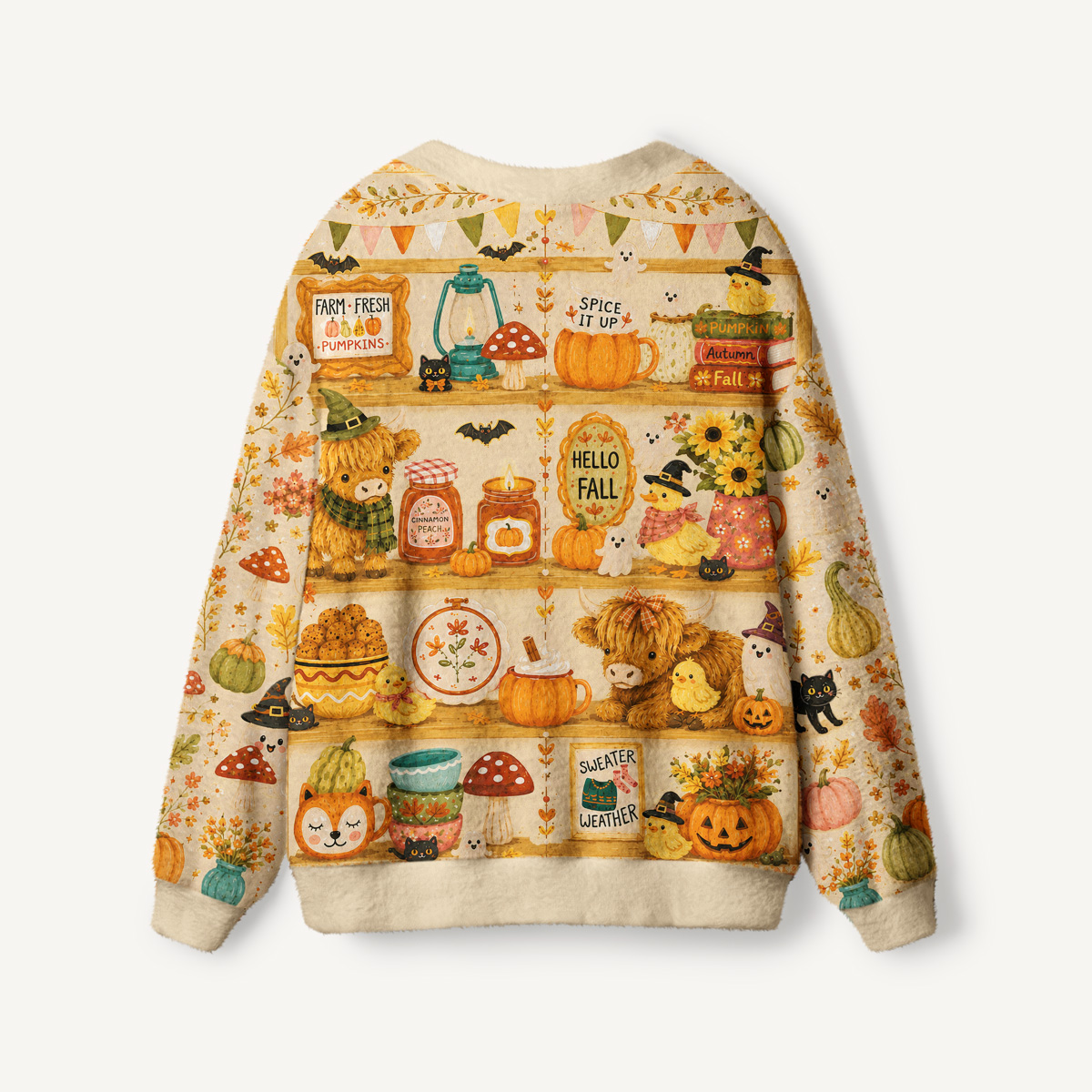 Cozy Autumn Shelves Print Halloween Ugly Cardigan Sweaters