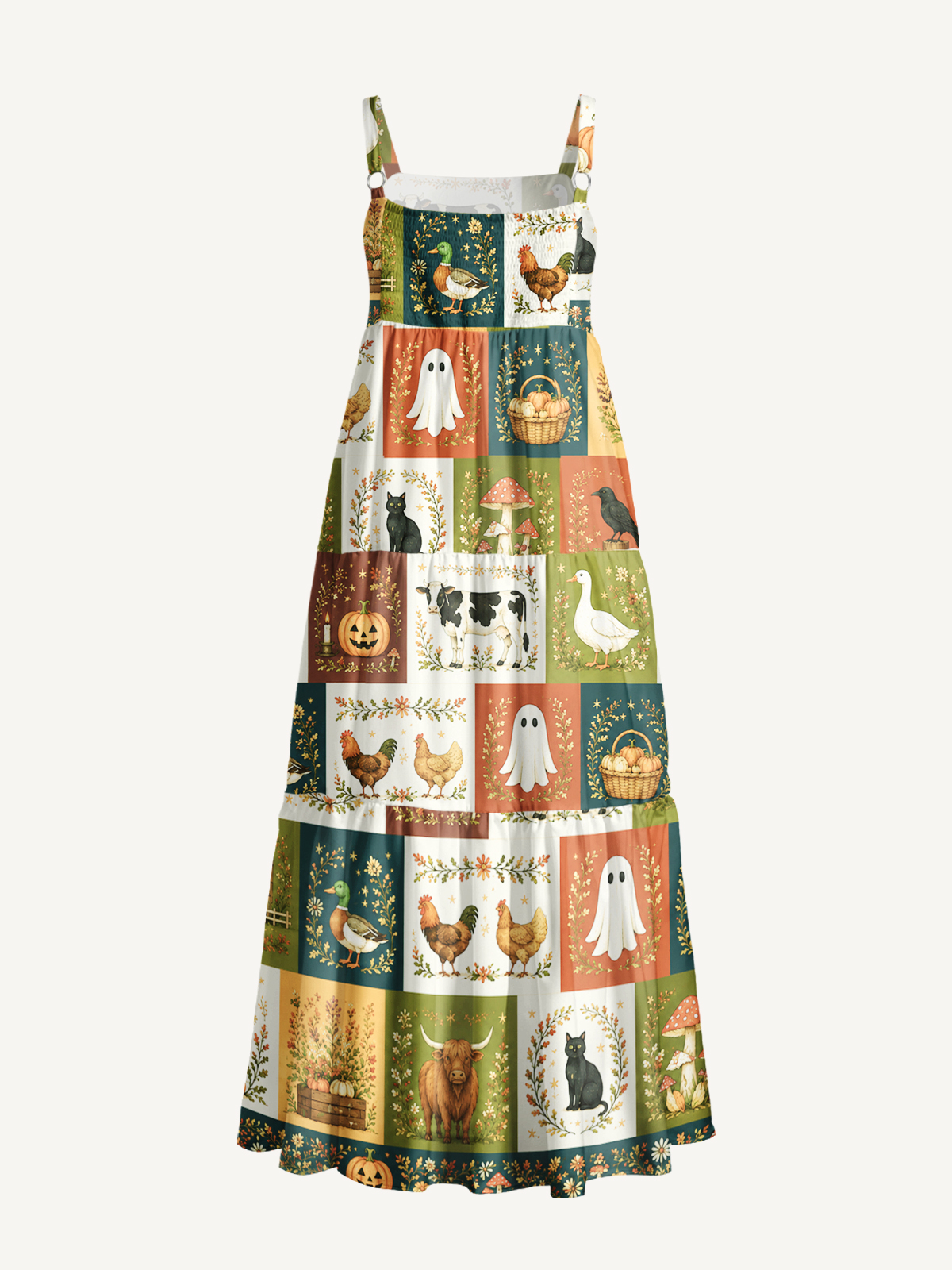 Pumpkin Farm Halloween Patchwork Print Wide Straps Maxi Dress With Pockets