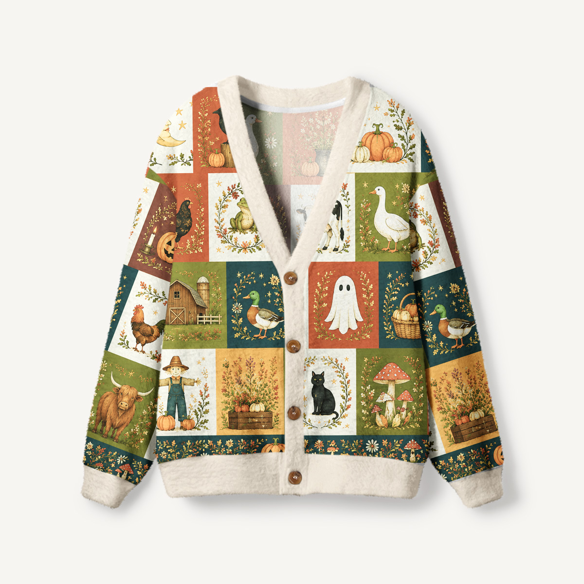 Pumpkin Farm Halloween Patchwork Print Halloween Ugly Cardigan Sweaters