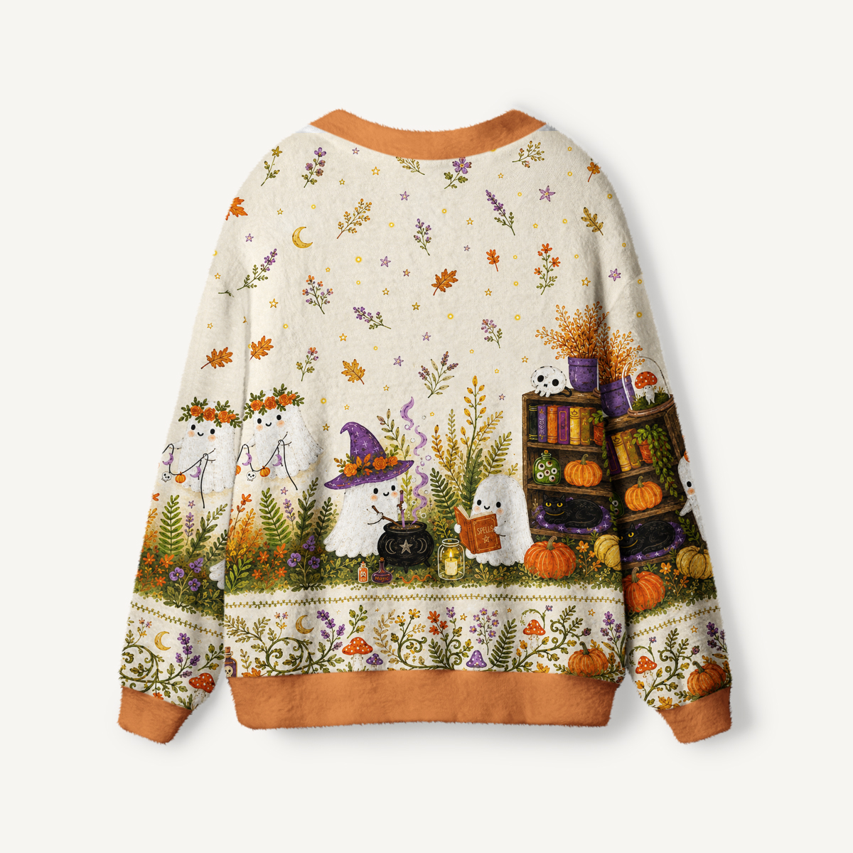 Ghostly Harvest Garden Print Halloween Ugly Cardigan Sweaters