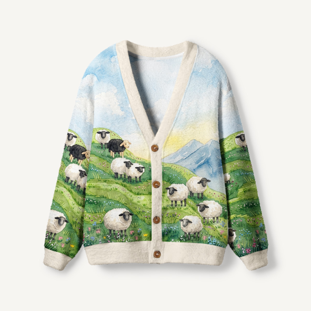 Spring Meadow Sheep and Blossoms Landscape Print Ugly Cardigan Sweaters