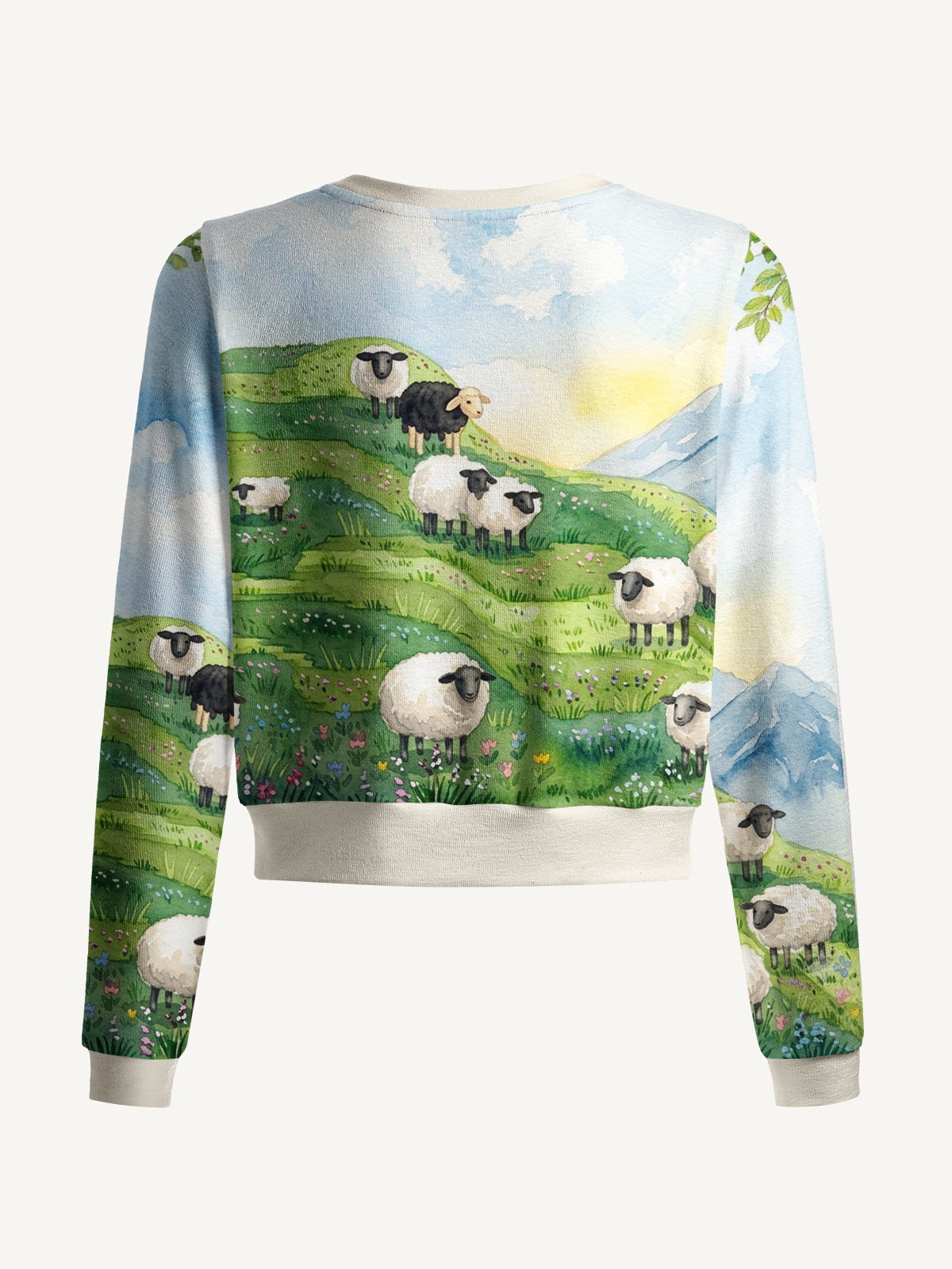 Lightweight Crew Neck Long‑Sleeve Cropped Spring Meadow Sheep and Blossoms Landscape Print Fine‑Knit Cardigan