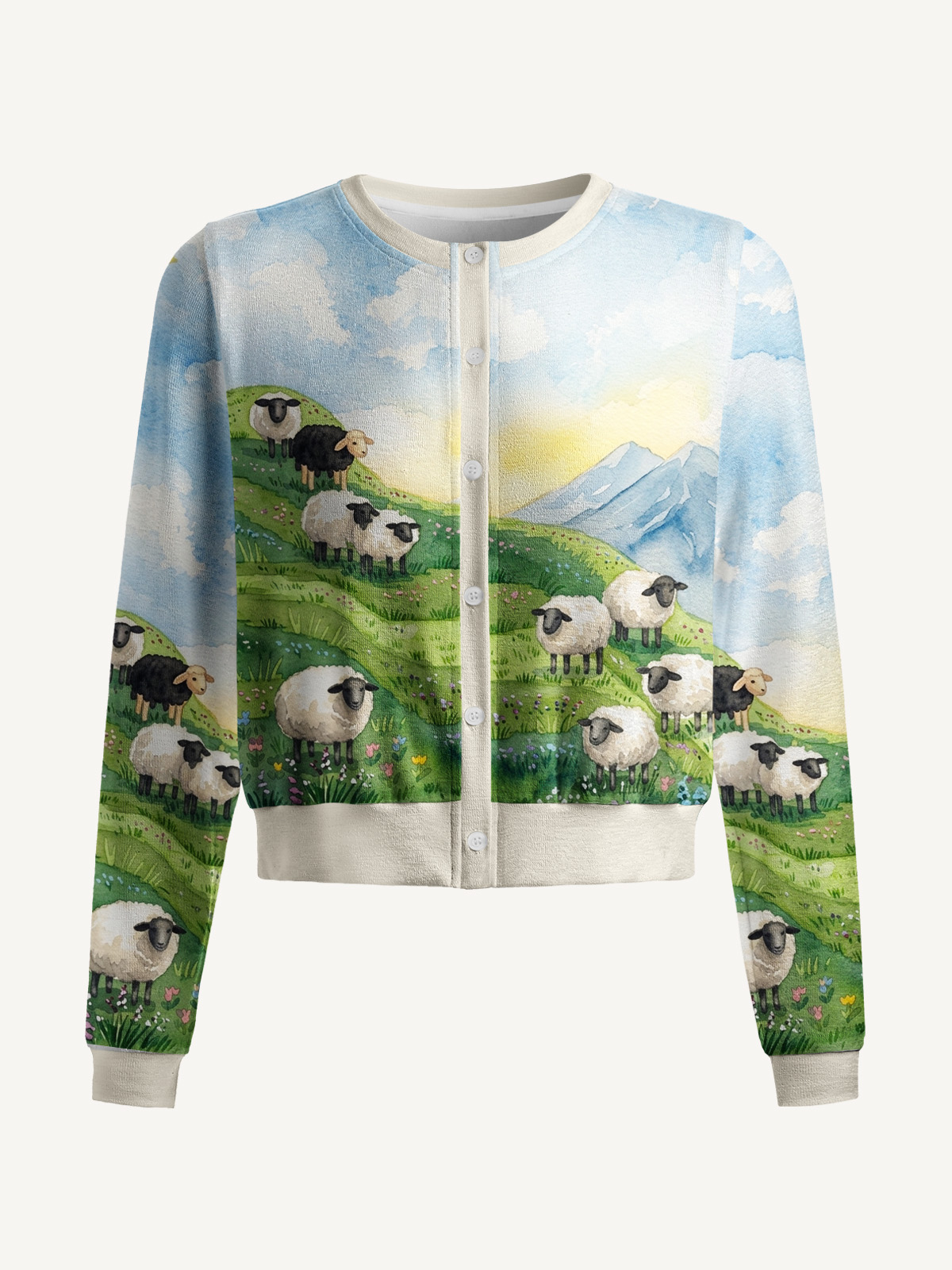 Lightweight Crew Neck Long‑Sleeve Cropped Spring Meadow Sheep and Blossoms Landscape Print Fine‑Knit Cardigan