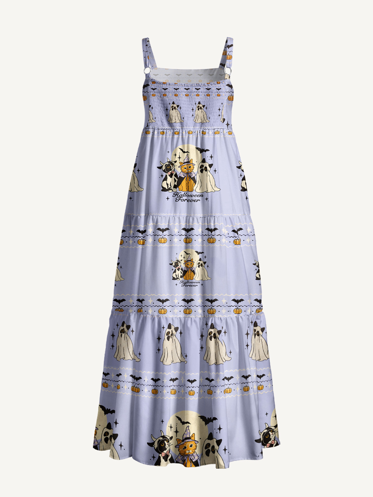Halloween Cats Forever Print Wide Straps Maxi Dress With Pockets