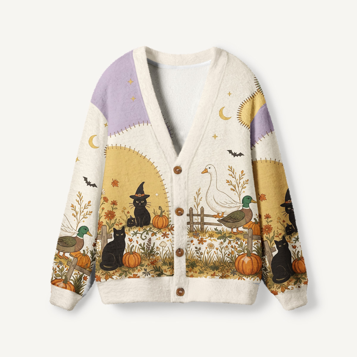 Pumpkin Farm Black Cat Magic Print Ugly Cardigan Sweaters