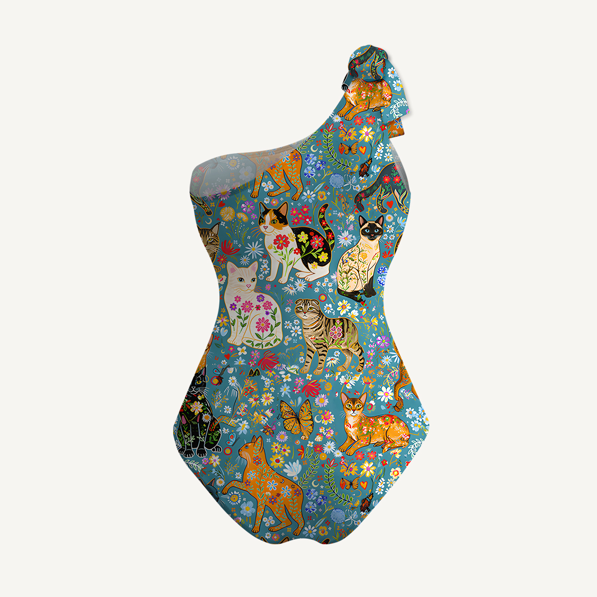 Colorful Garden Cat One Shoulder One Piece Swimsuit and Matching Sarong Set for Women