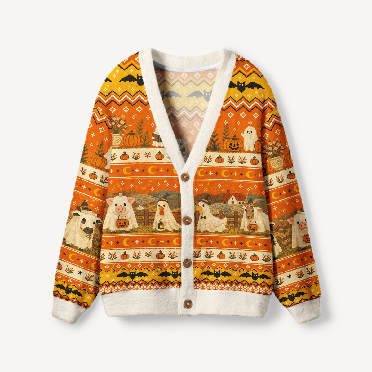 Ghostly Farm Friends Print Ugly Cardigan Sweaters