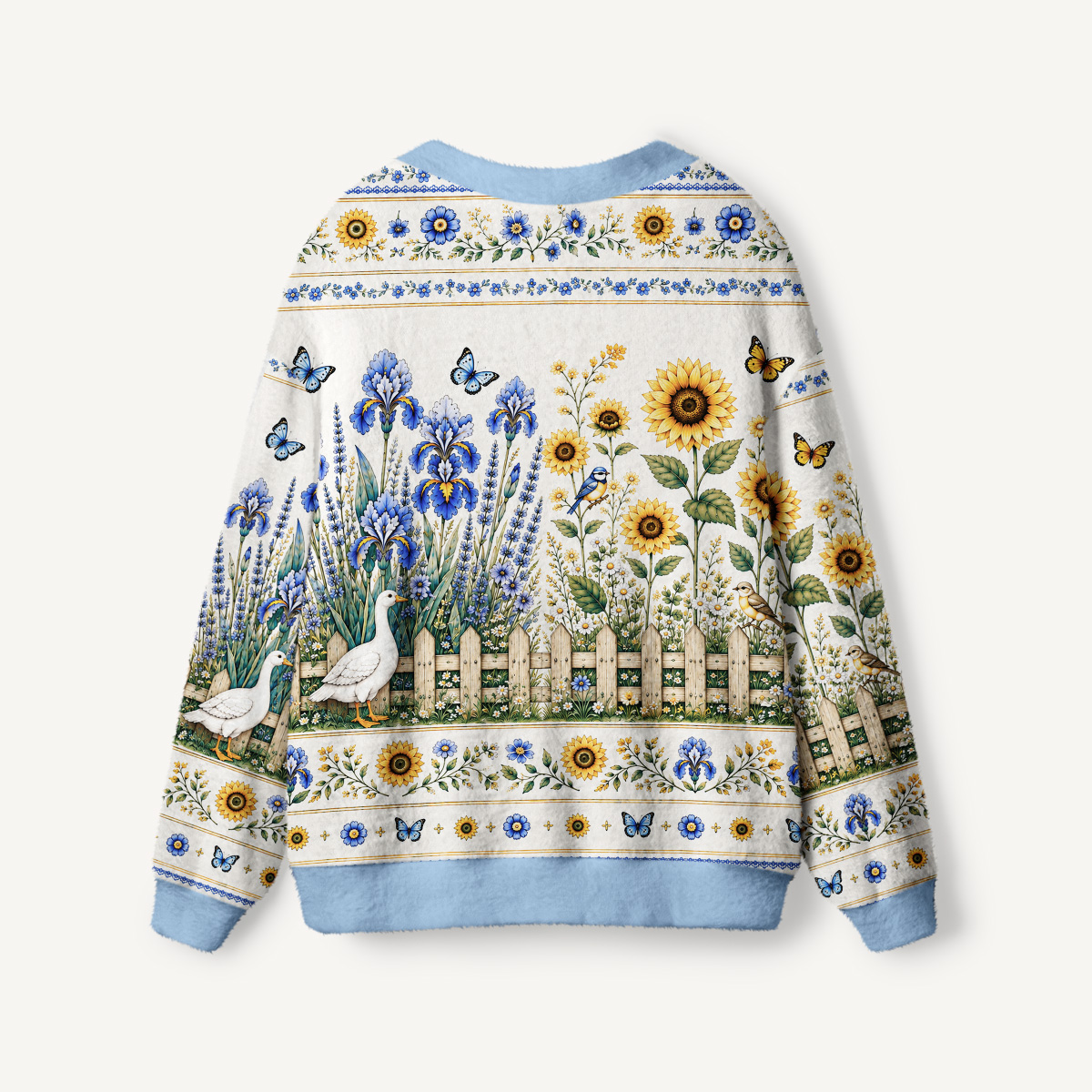 Blue Meadow Sunflower & Iris Print Ugly Cardigan Sweaters