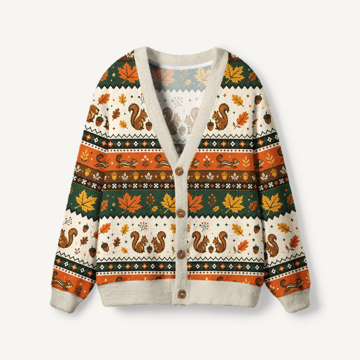 Autumn Acorn Gathering Print Ugly Cardigan Sweaters