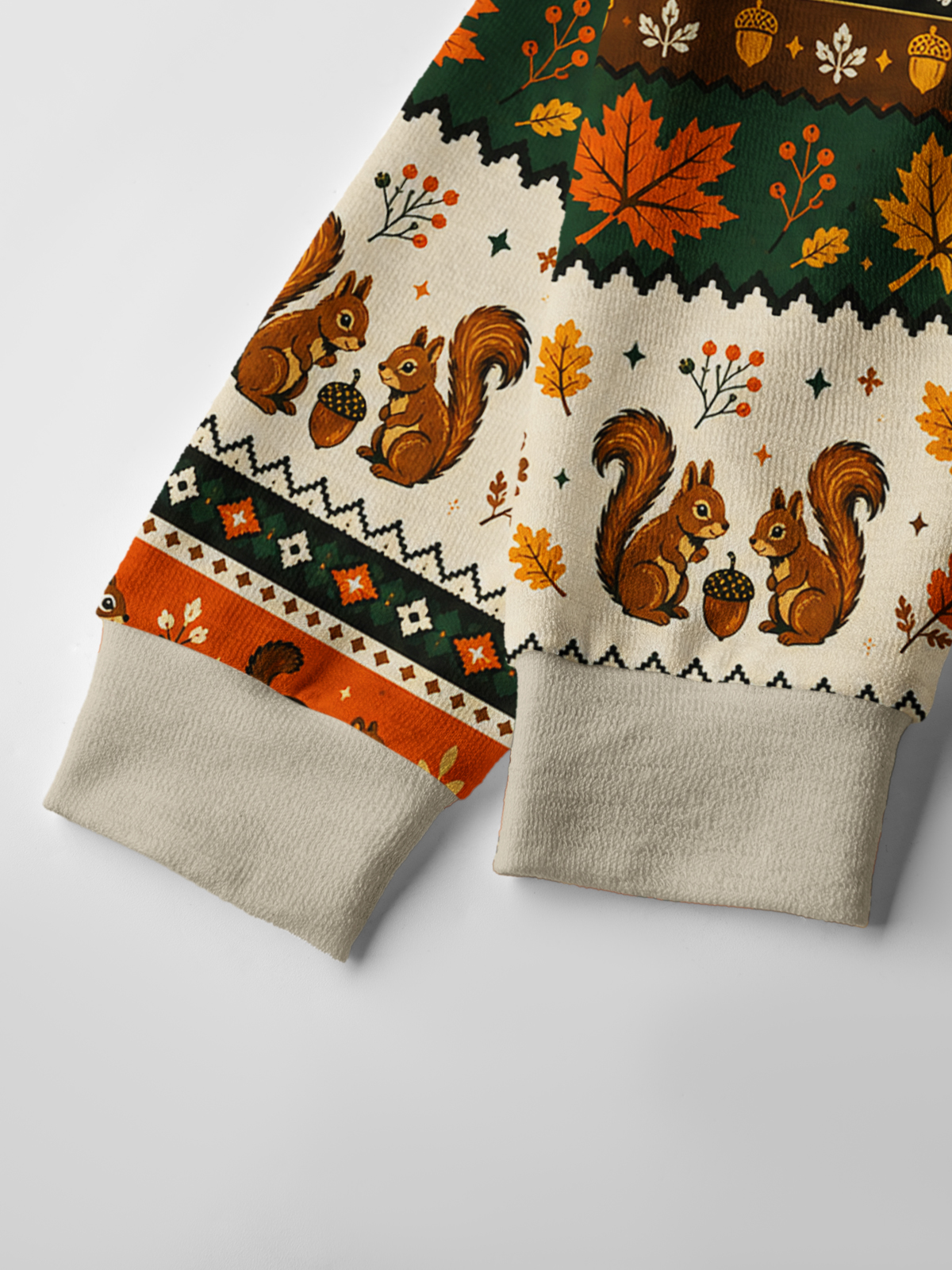 Lightweight Crew Neck Long‑Sleeve Cropped Autumn Acorn Gathering Print Fine‑Knit Cardigan