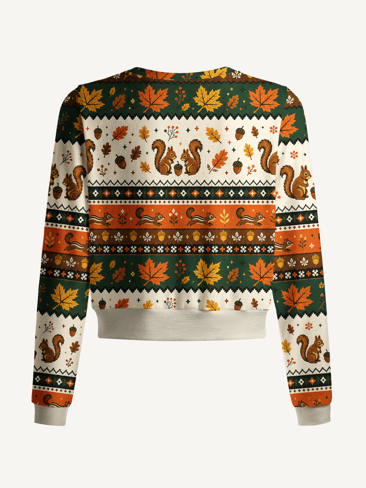 Lightweight Crew Neck Long‑Sleeve Cropped Autumn Acorn Gathering Print Fine‑Knit Cardigan