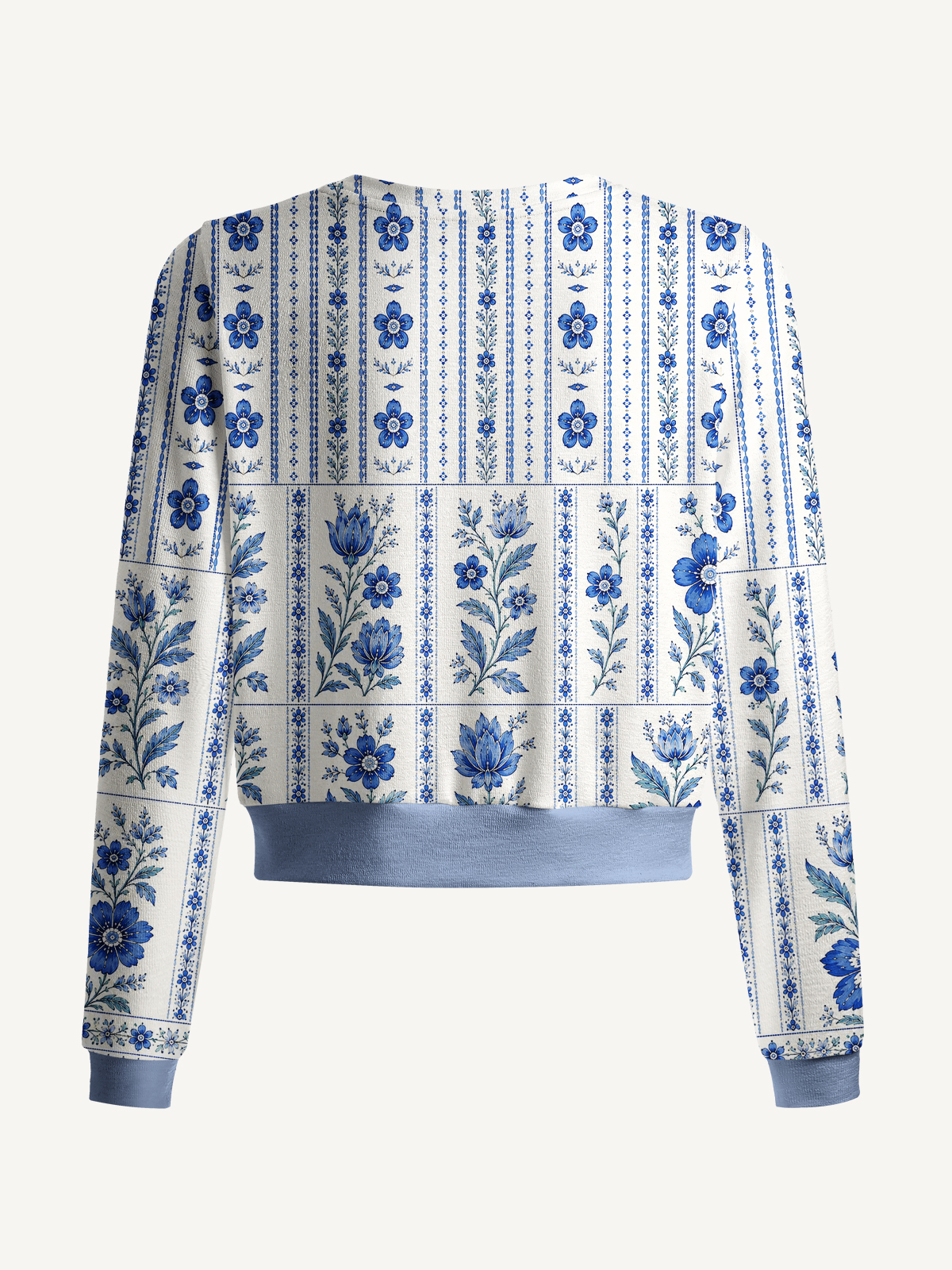 Lightweight Crew Neck Long‑Sleeve Cropped Indigo Garden Stripe Print Fine‑Knit Cardigan