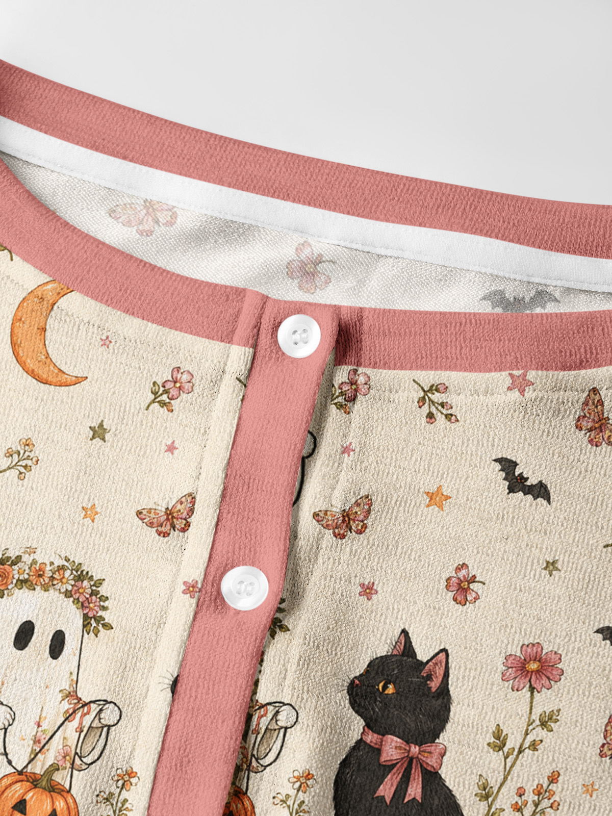 Lightweight Crew Neck Long‑Sleeve Cropped Garden Pumpkin Cat & Ghost Print Fine‑Knit Cardigan