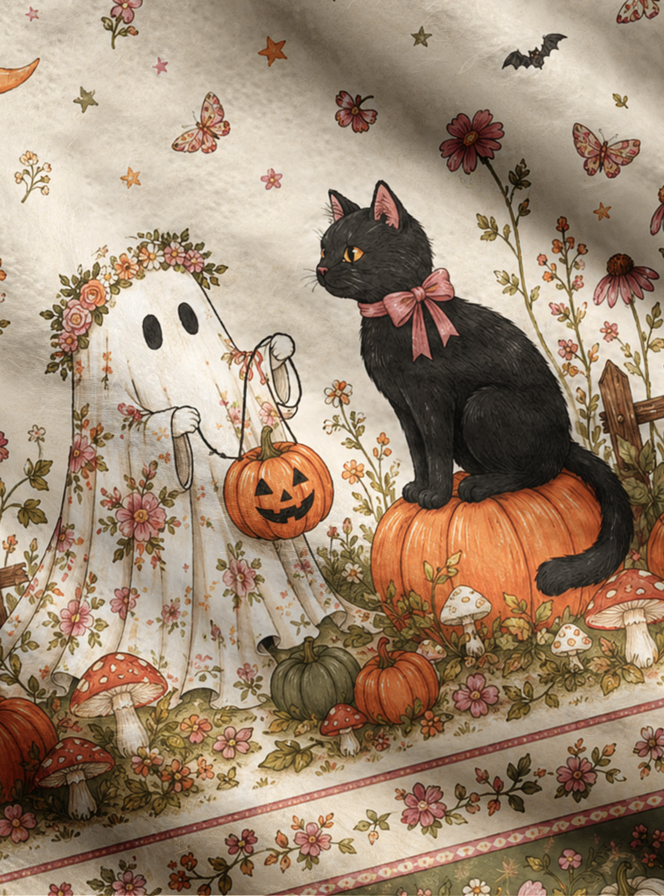 Garden Pumpkin Cat & Ghost Print Women's Fitted Cardigan Sweaters