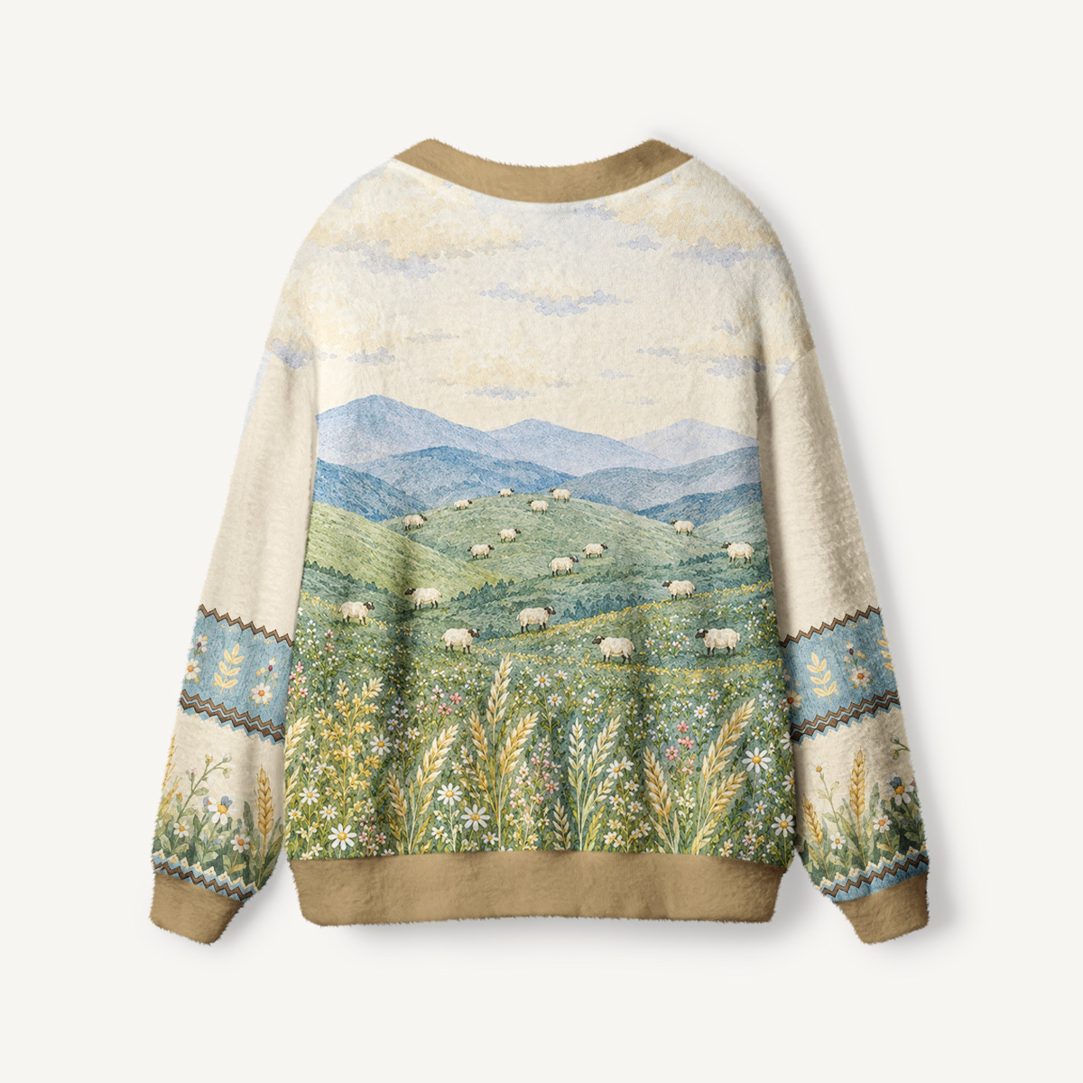 Cream Countryside Cow Border Print Halloween Ugly Cardigan Sweaters