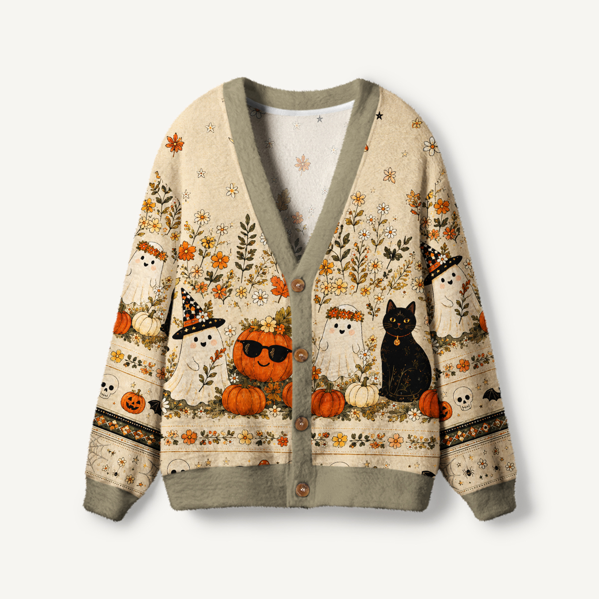 Harvest Ghost Garden Print Ugly Cardigan Sweaters