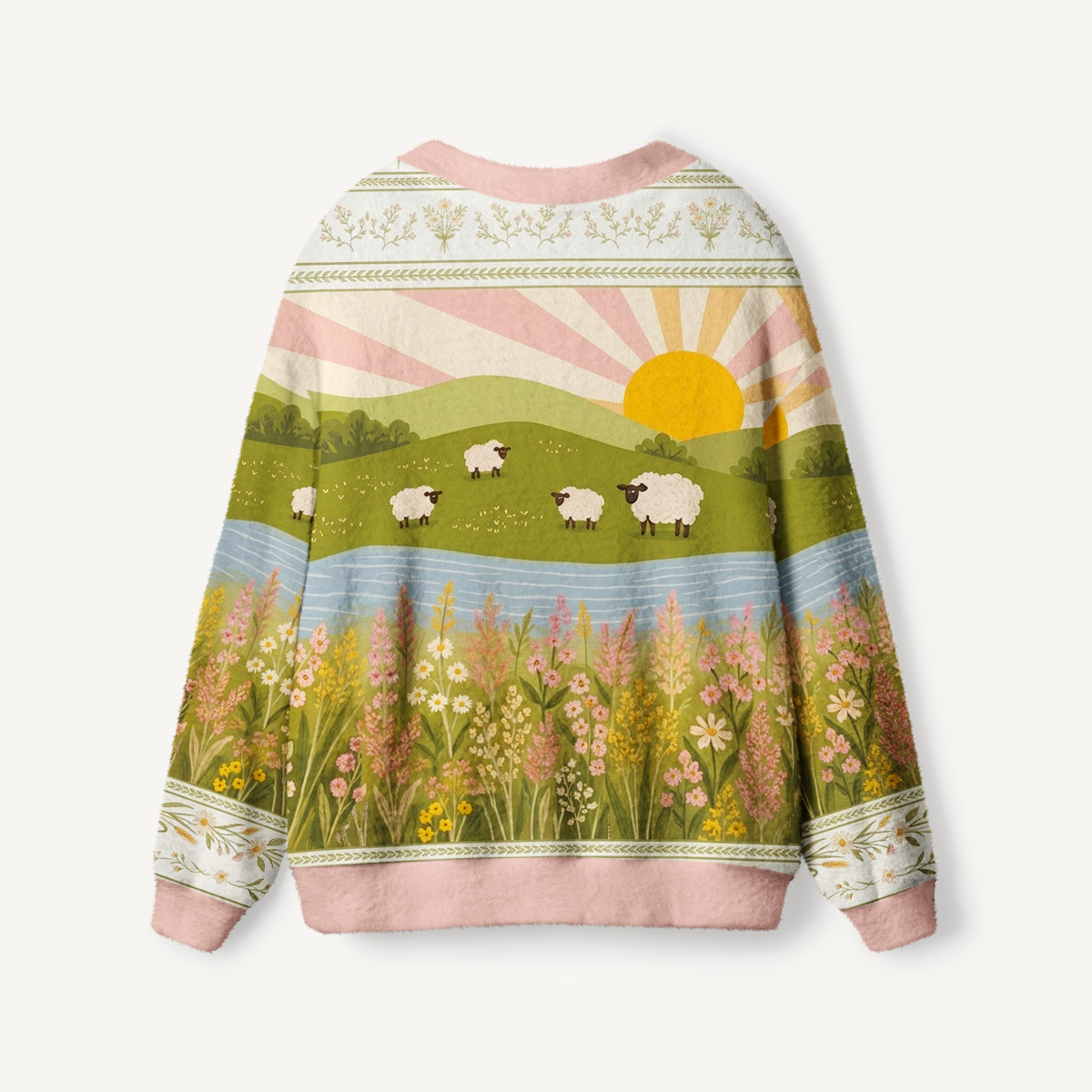 Sunrise Meadow Sheep Print Ugly Cardigan Sweaters