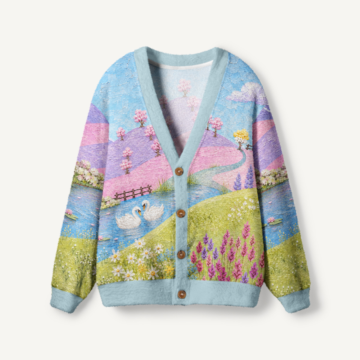 Pastel Swan Meadow Print Ugly Cardigan Sweaters