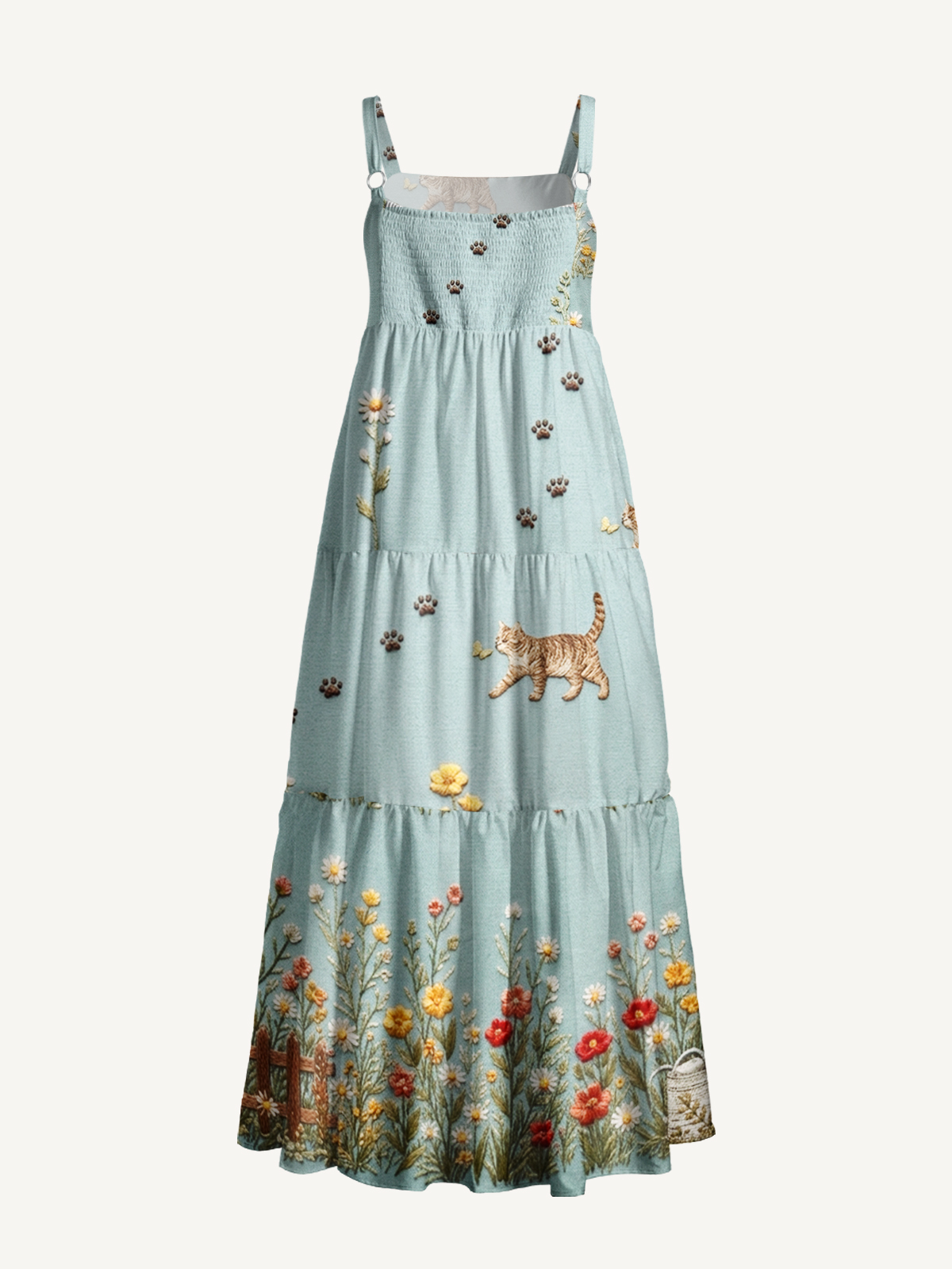 Garden Stroll Cat Print Wide Straps Maxi Dress With Pockets