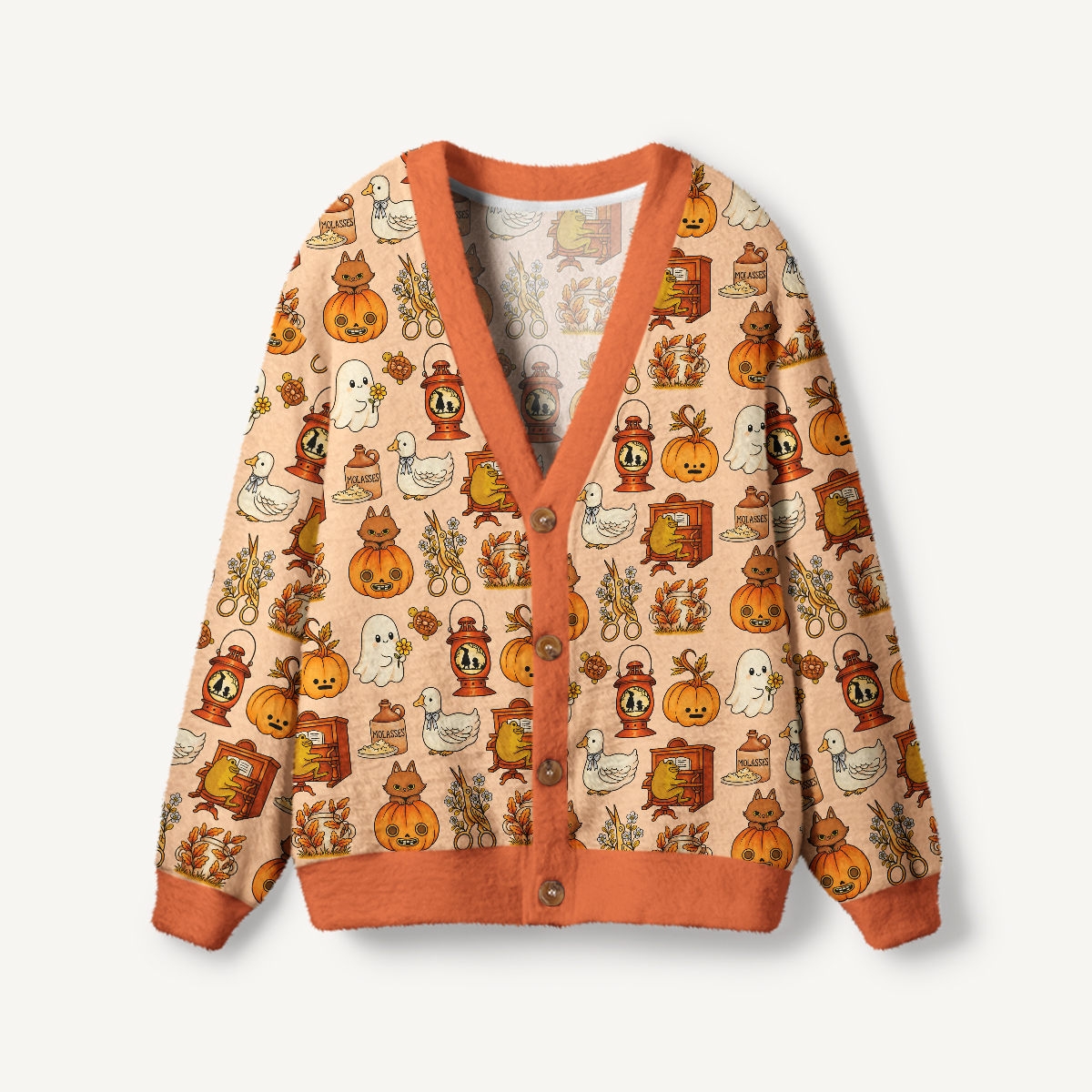 Cozy Halloween Curiosities Print Ugly Cardigan Sweaters