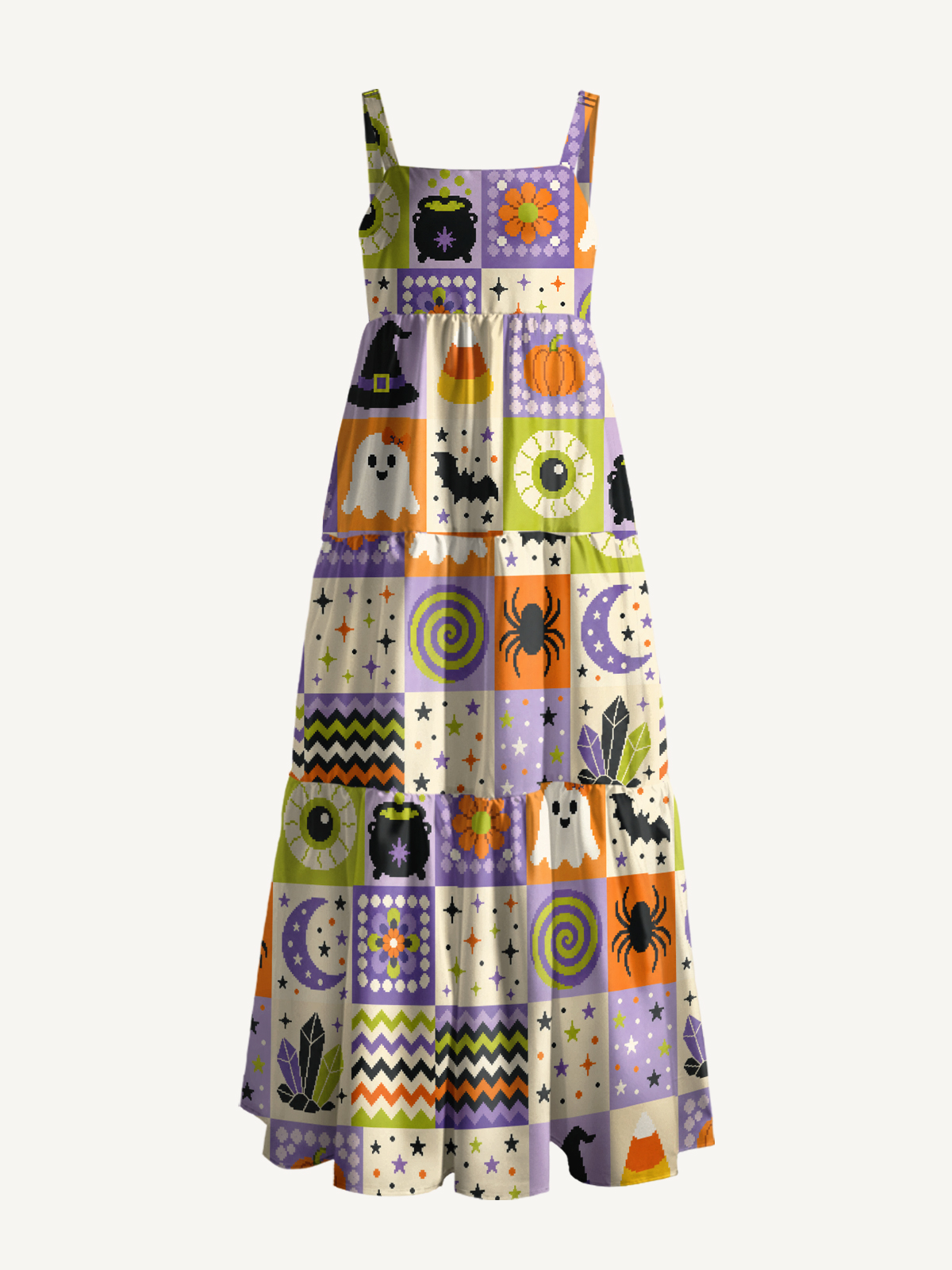 Pixel Halloween Patchwork Print Wide Straps Maxi Dress With Pockets