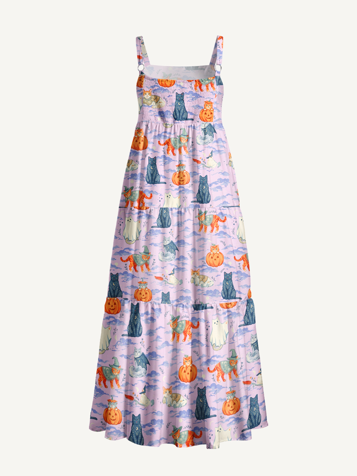 Enchanted Halloween Cat Print Wide Straps Maxi Dress With Pockets