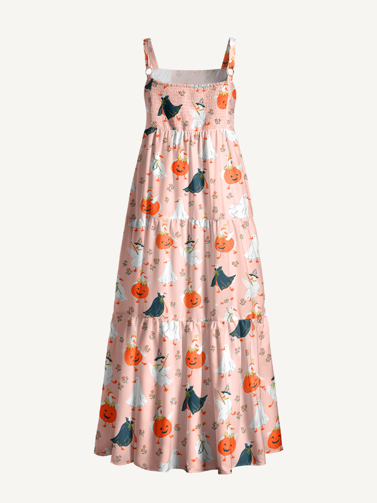 Pumpkin Ghost Parade Cozy Print Wide Straps Maxi Dress With Pockets