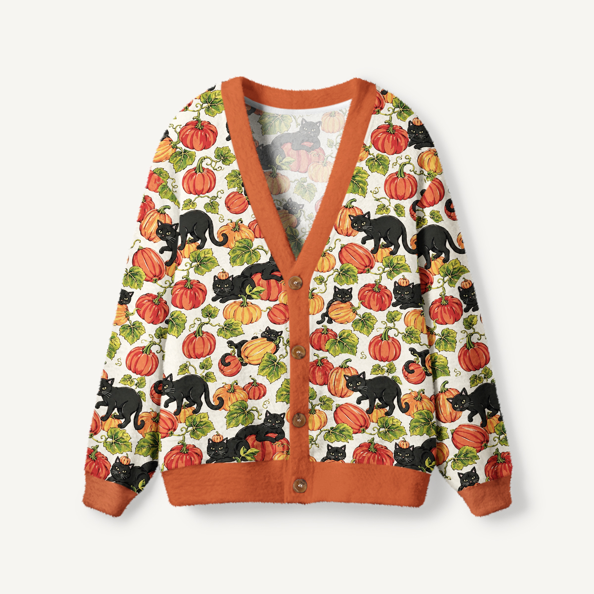 Black Cat Romp in the Pumpkin Fields Print Ugly Cardigan Sweaters