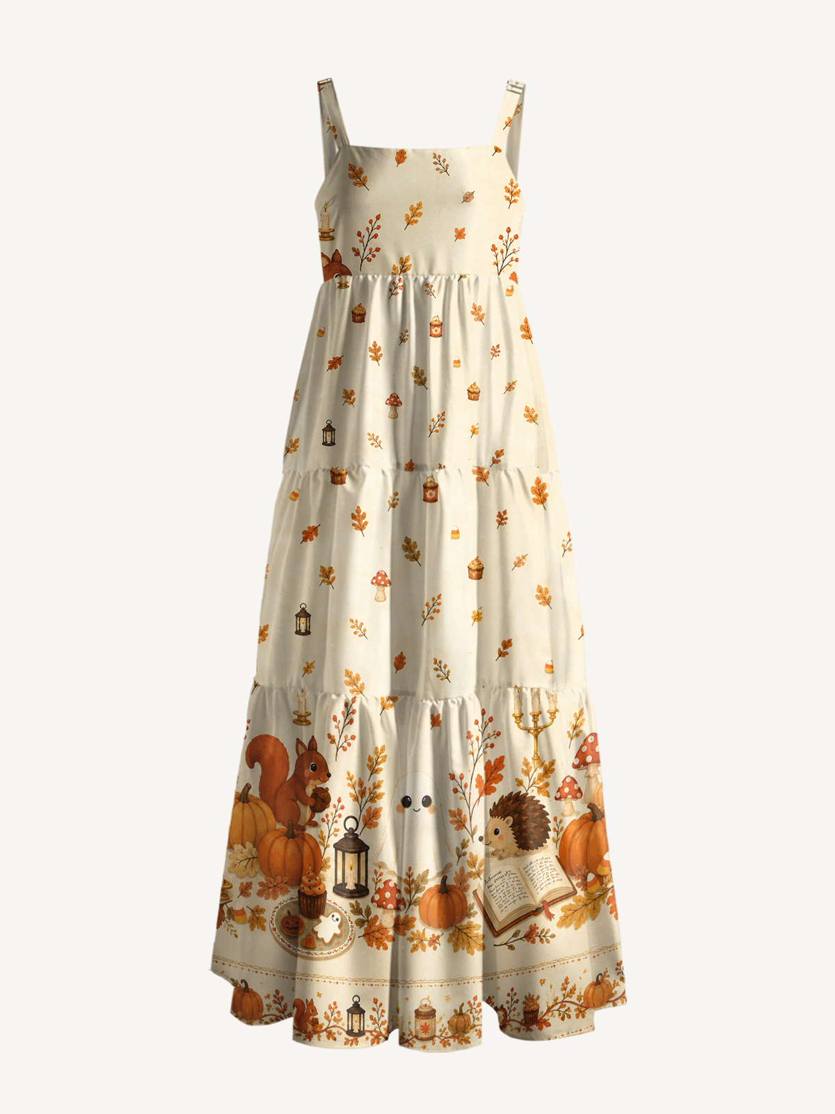 Pumpkin Ghost Harvest Print Wide Straps Maxi Dress With Pockets