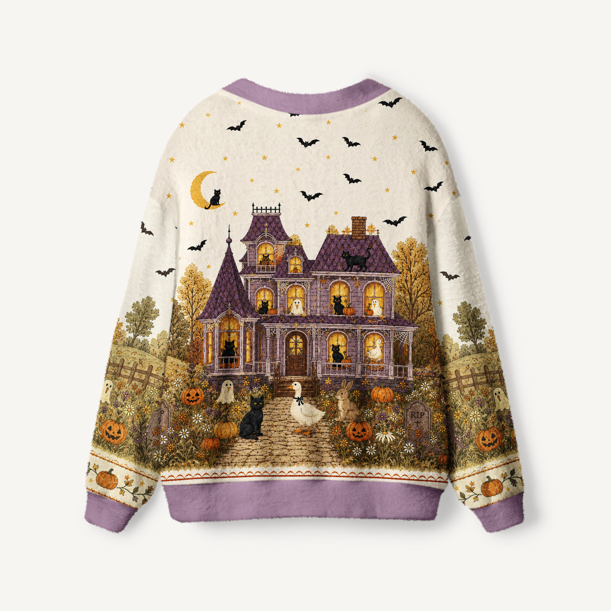 Moonlit Pumpkin Manor Print Ugly Cardigan Sweaters