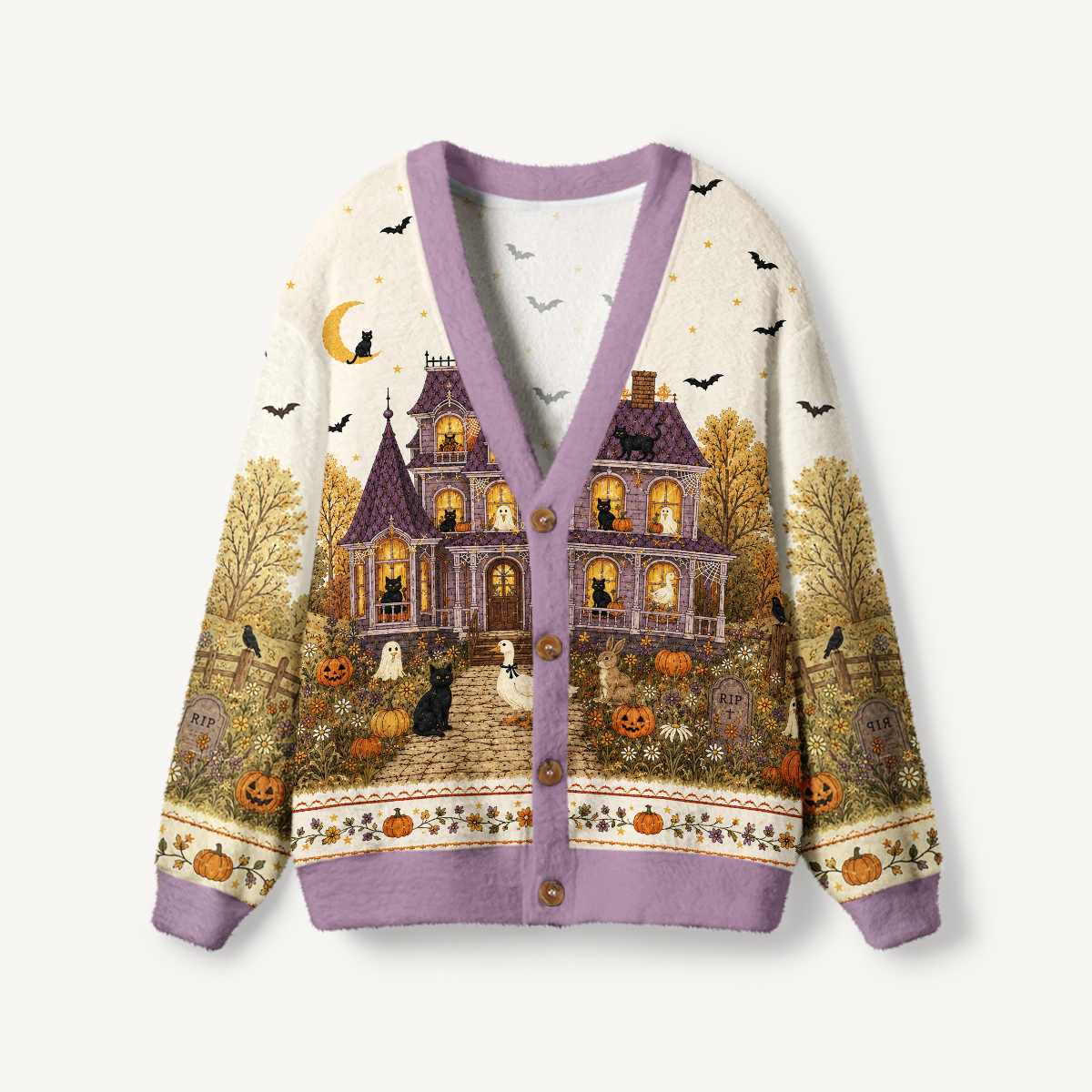 Moonlit Pumpkin Manor Print Ugly Cardigan Sweaters