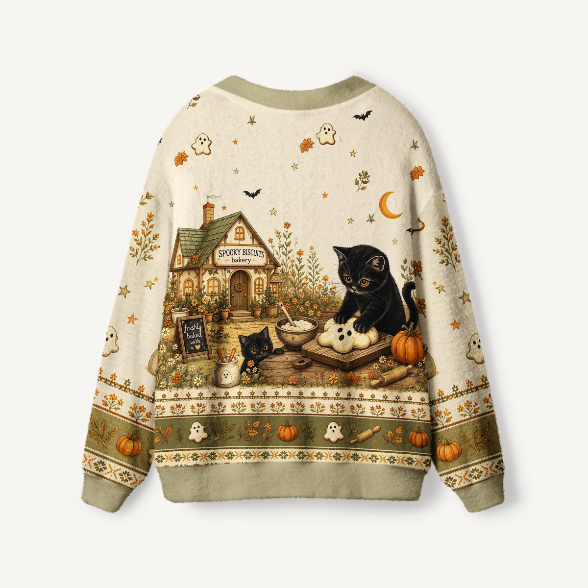 Spooky Biscuit Black Cat Print Ugly Cardigan Sweaters