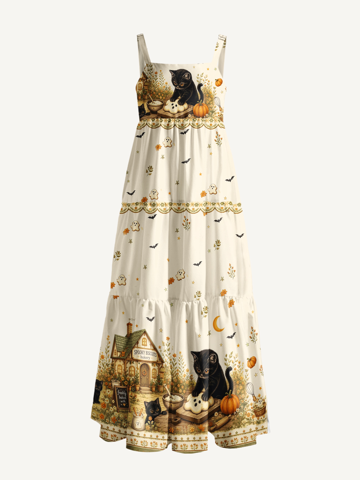 Spooky Biscuit Black Cat Print Wide Straps Maxi Dress With Pockets