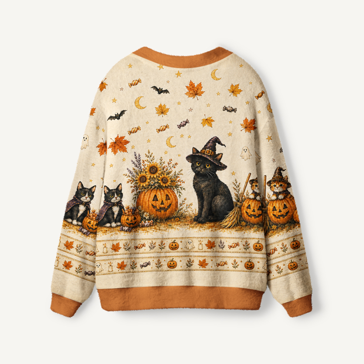 Spooky Cat & Pumpkin Print Halloween Ugly Cardigan Sweaters