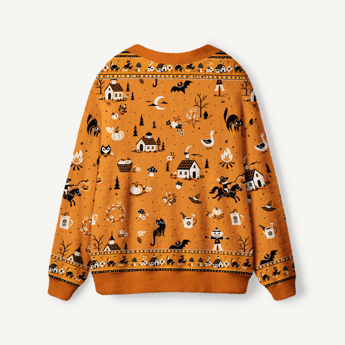 Moonlit Halloween Village Story Print Ugly Cardigan Sweaters