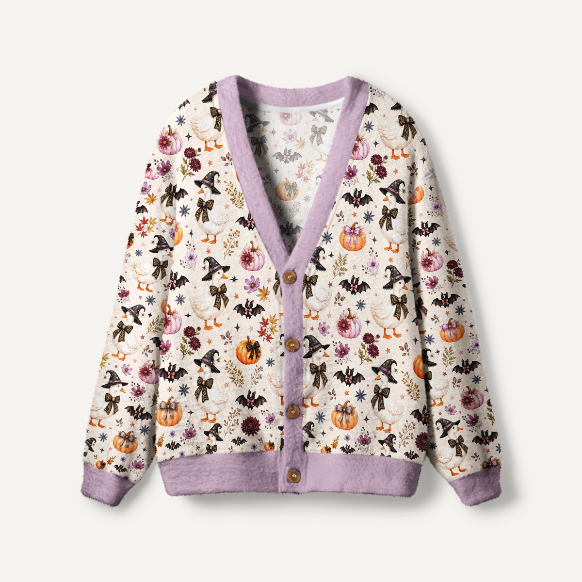 Rustic Halloween Goose Print Ugly Cardigan Sweaters