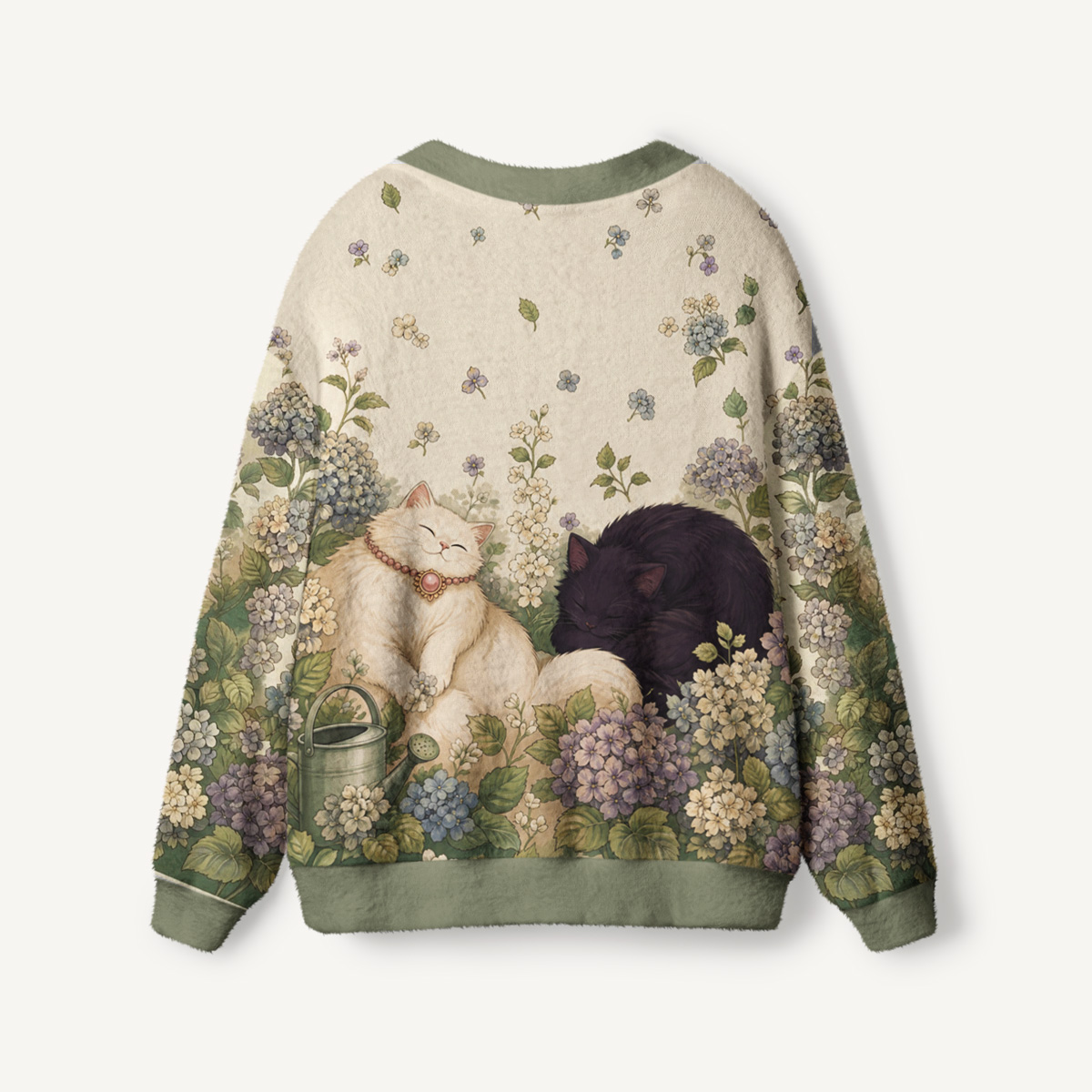 Hydrangea Garden Napping Cats Print Ugly Cardigan Sweaters
