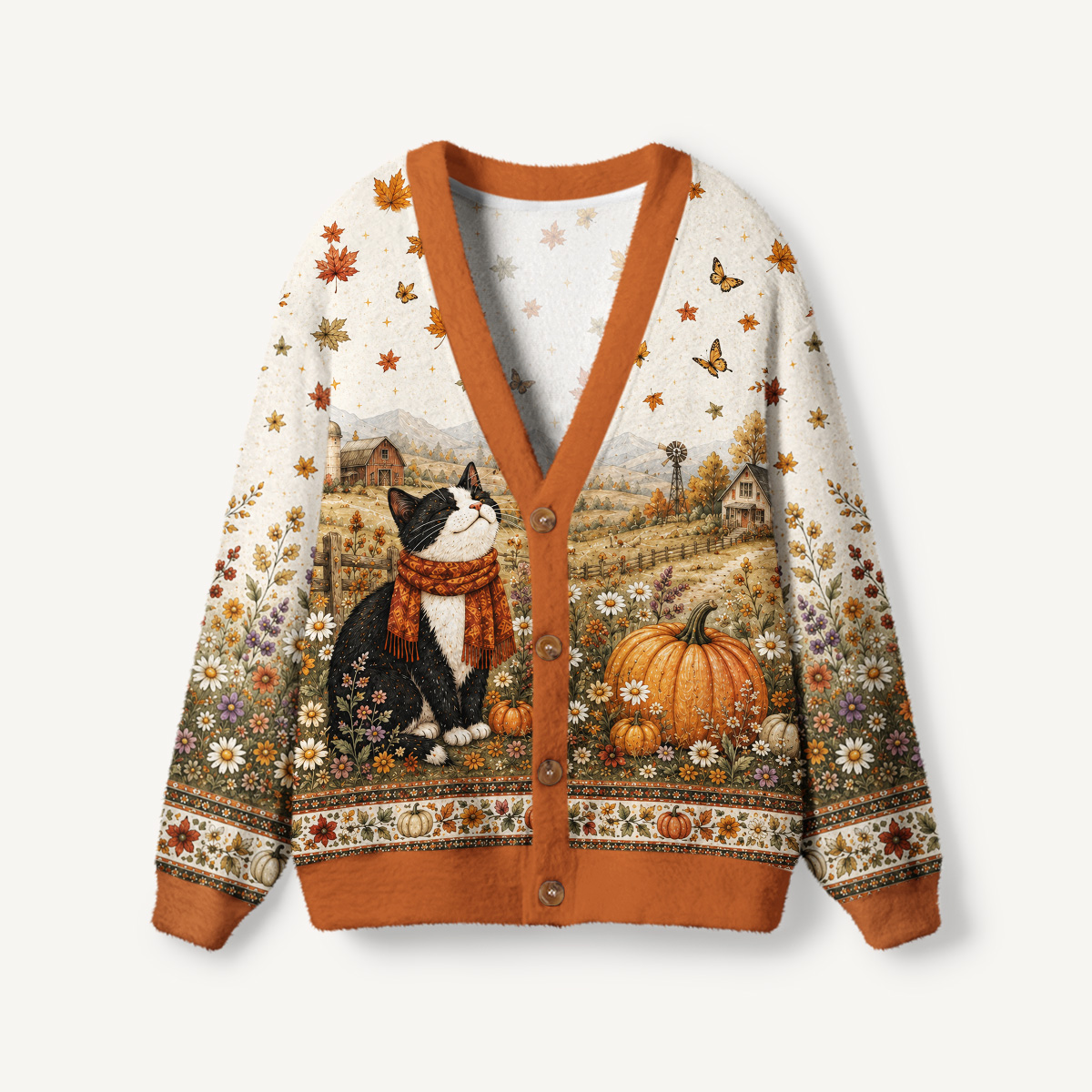 Autumn Pumpkin Field Black Cat Print Ugly Cardigan Sweaters