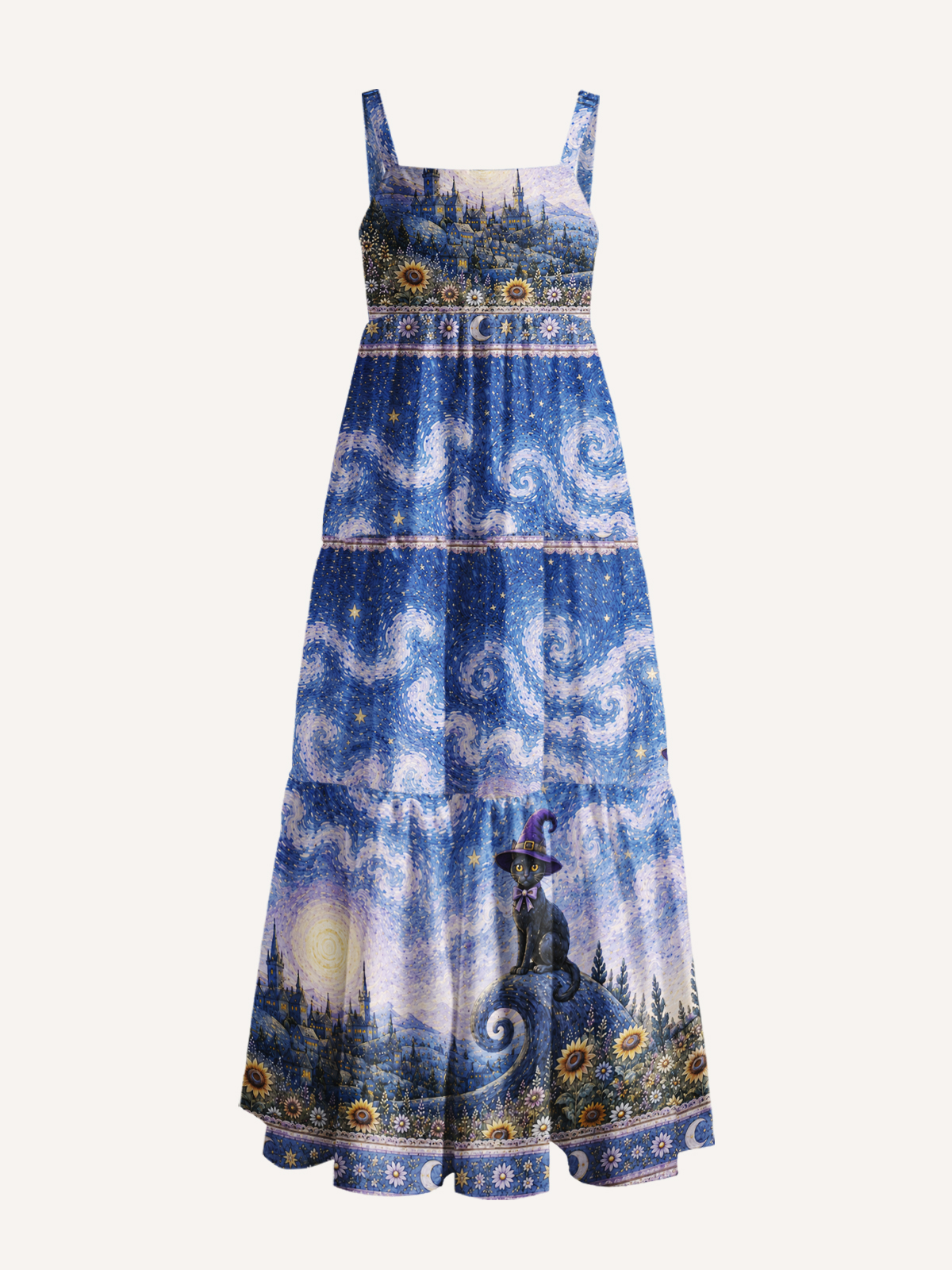 Starry Night Magic Garden Black Cat Print Wide Straps Maxi Dress With Pockets