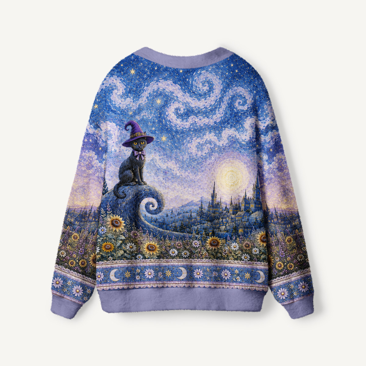 Starry Night Magic Garden Black Cat Print Ugly Cardigan Sweaters