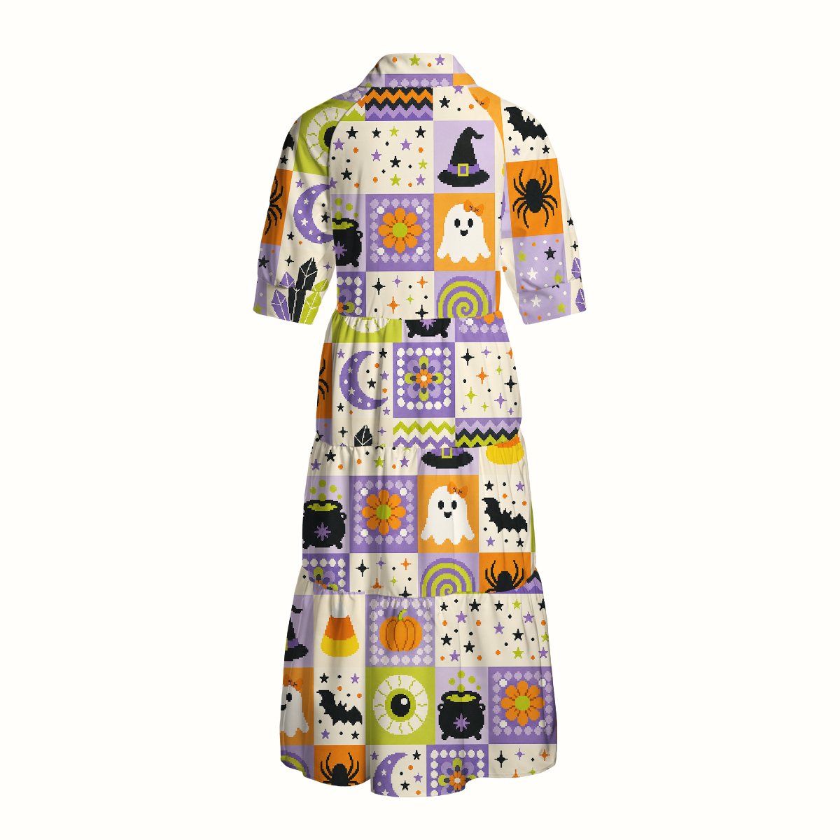 V Neck Collared Pixel Halloween Patchwork Print Casual Midi Dress With Pockets