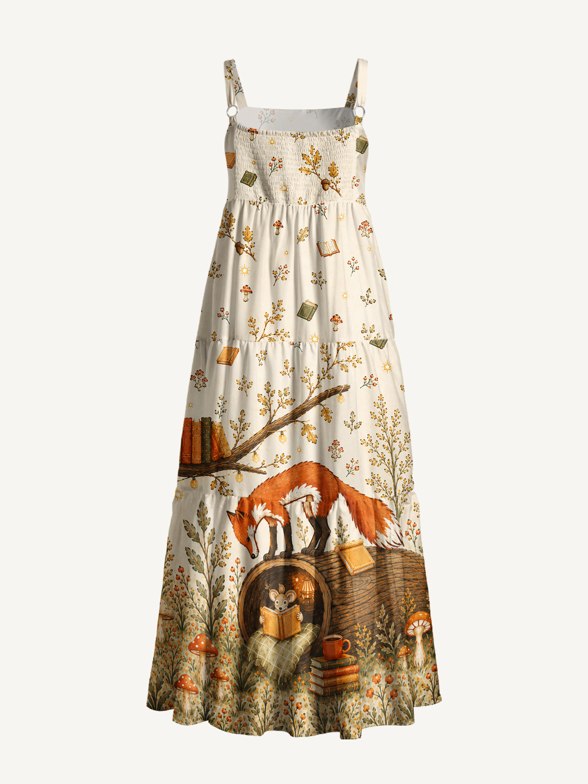 Cozy Woodland Fox Print Wide Straps Maxi Dress With Pockets