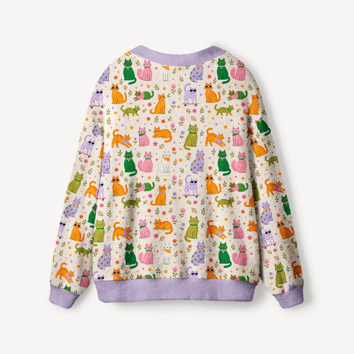 Whimsical Cat & Garden Blooms Print Ugly Cardigan Sweaters