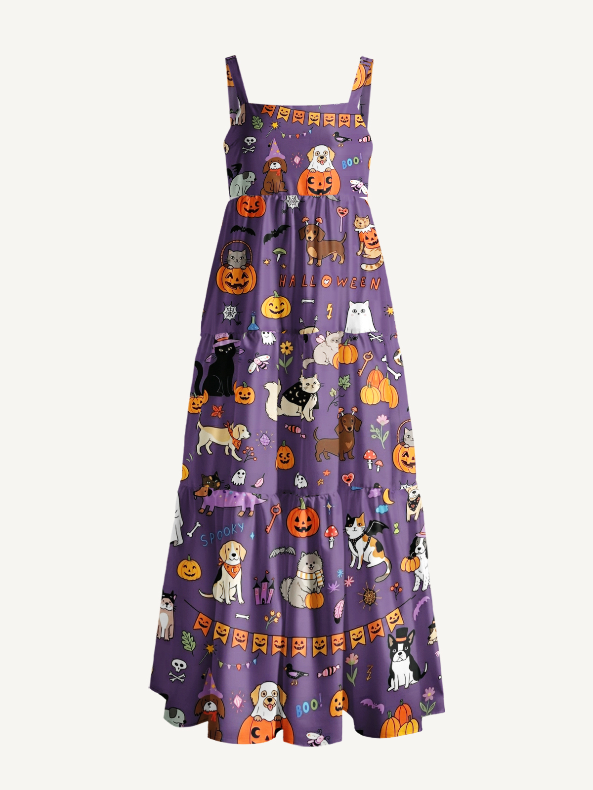 Halloween Spooky Pet Parade Print Wide Straps Maxi Dress With Pockets