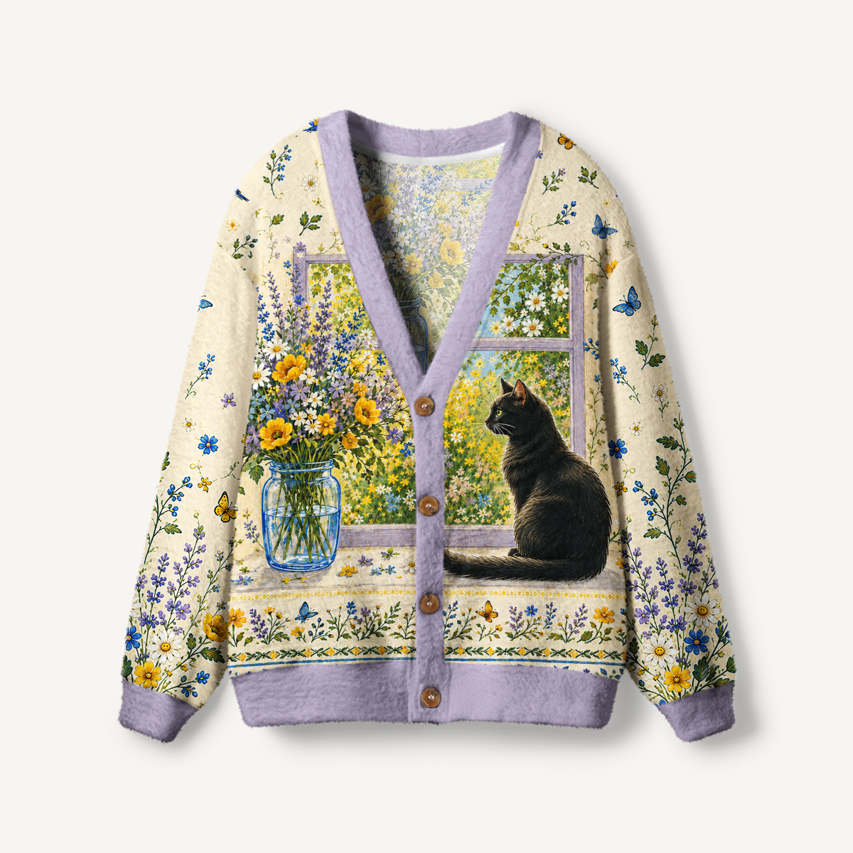 Black Cat Garden Print Ugly Cardigan Sweaters