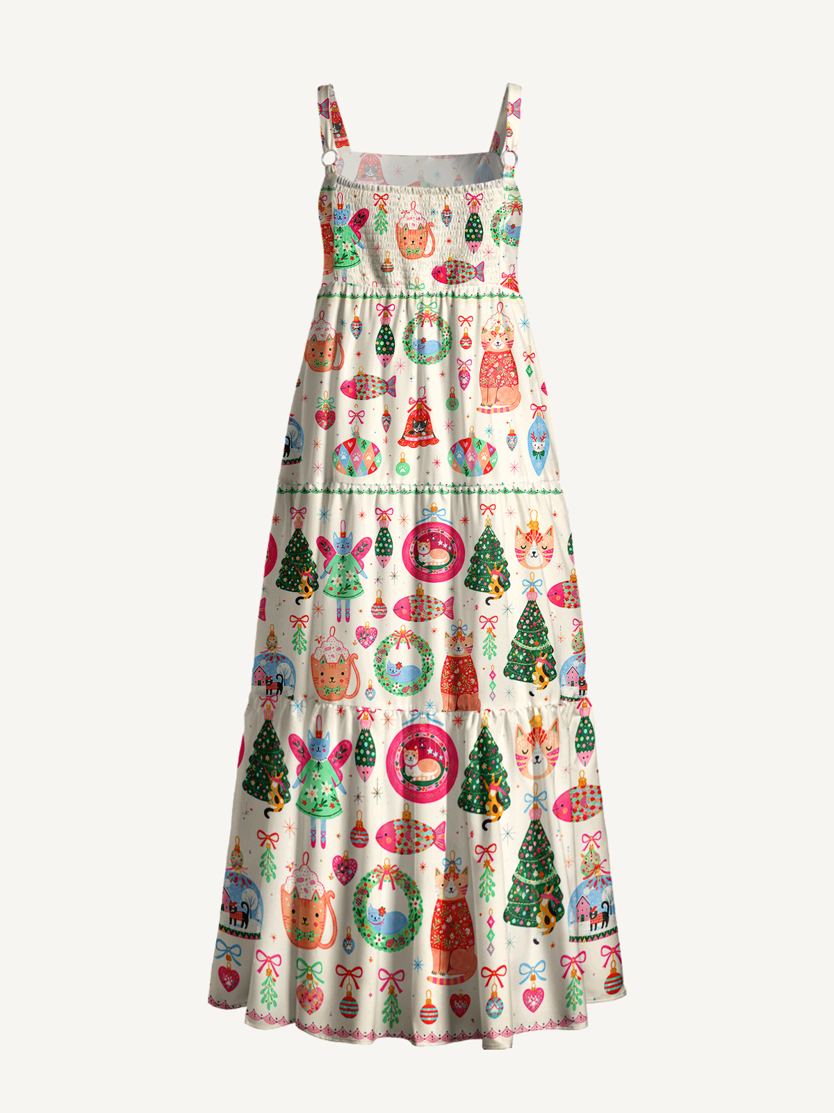 Christmas Cat Ornament Print Wide Straps Maxi Dress With Pockets