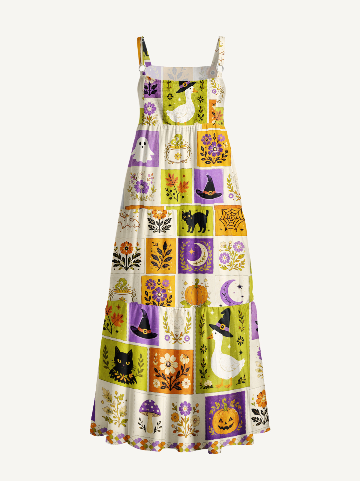 Halloween Pumpkin Goose Garden Patchwork Print Wide Straps Maxi Dress With Pockets
