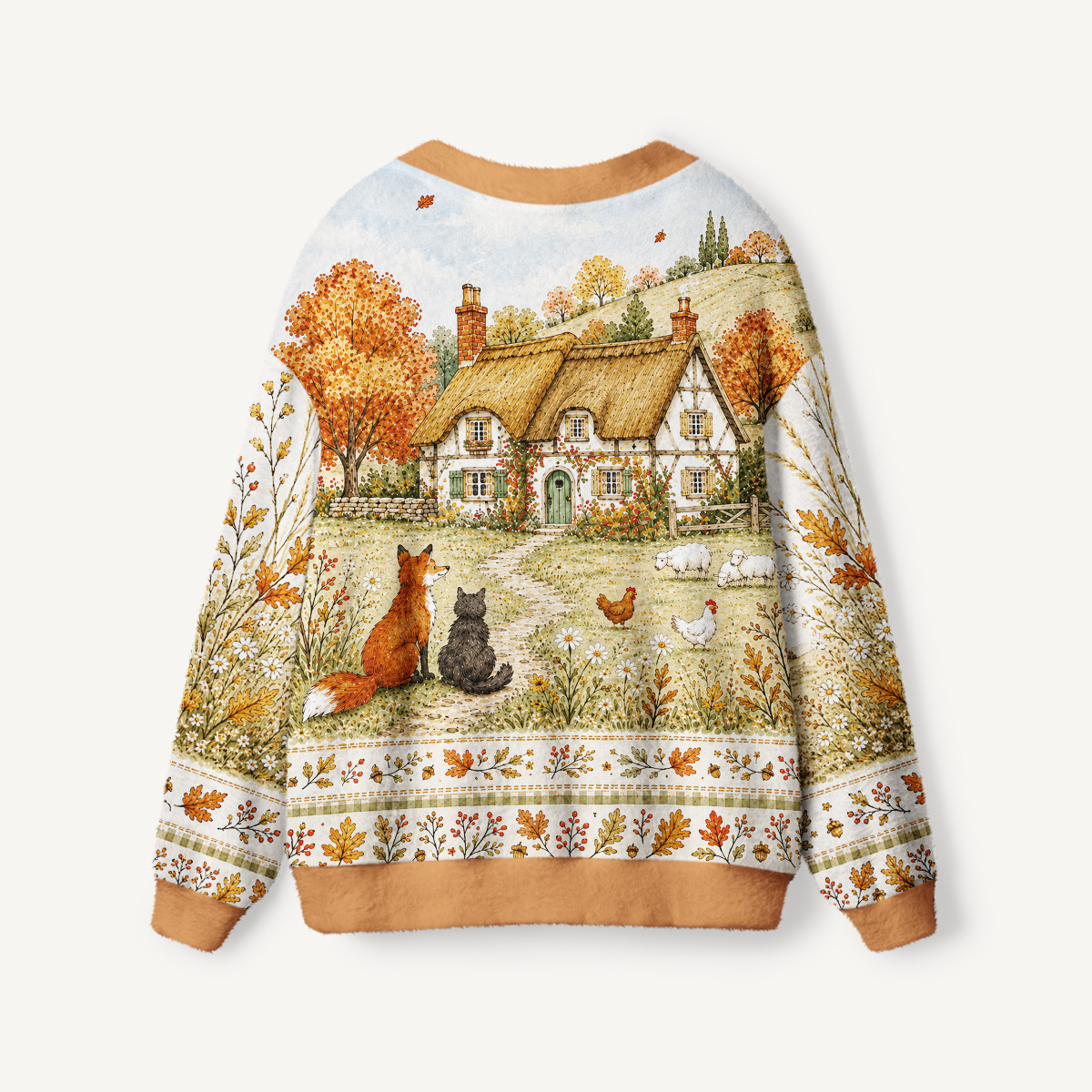 Autumn Cottage Farm Print Ugly Cardigan Sweaters