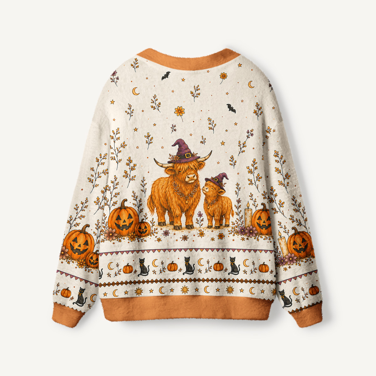 Witchy Highland Cow Harvest Print Ugly Cardigan Sweaters