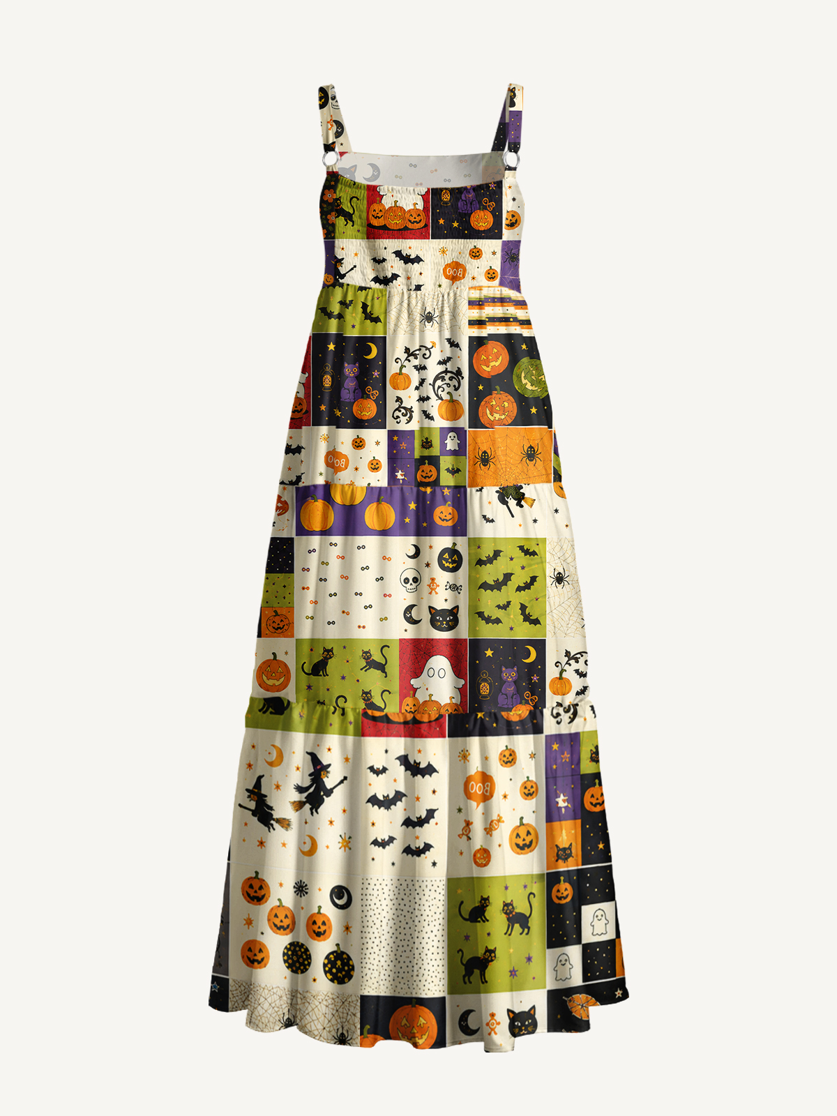 Spooky Sweet Patchwork Print Wide Straps Maxi Dress With Pockets